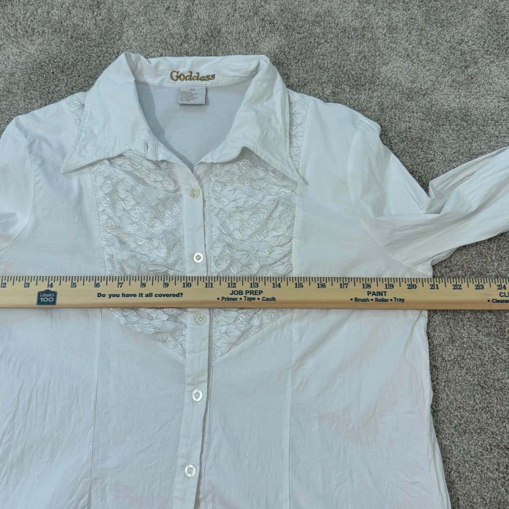 Goddess White Lace Ruffle Button Up Blouse Womens 2X Cotton Stretch G2019X - Picture 8 of 10